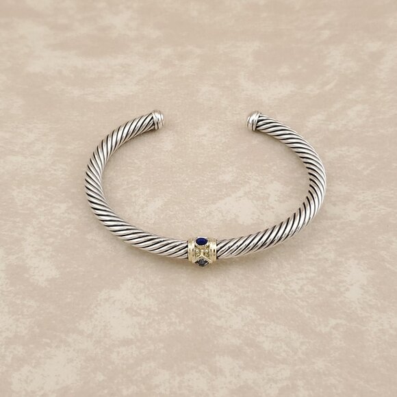 David Yurman Cable Bracelet in Sterling Silver  & 14K Gold w Blue Topaz & Lazuli - Picture 2 of 8